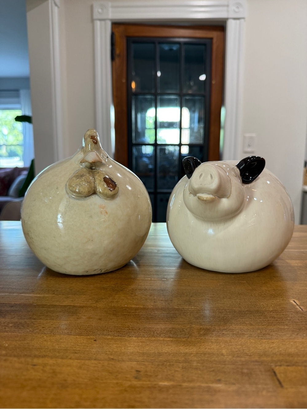 Ceramic Bird & Pig Figurine Set Cream & Brown
